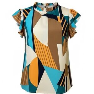 Color Block Ruffle Blouse with Faux Pearl Back Collar – Size M